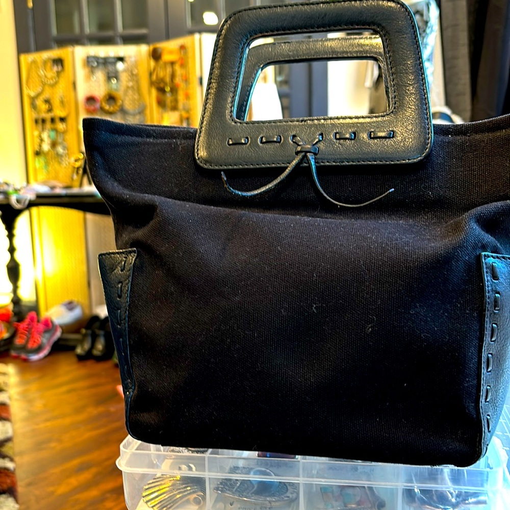 Fossil leather and black canvas handbag